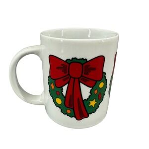 Vintage Houston Foods Christmas Wreath Coffee Mug 1992 Red‎ Bow Ornament